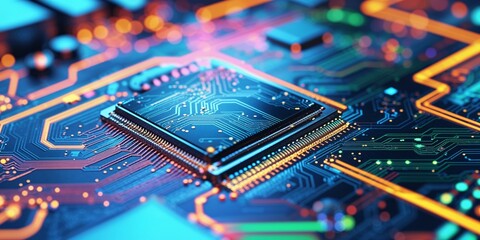 Poster - Close-up view of a computer processor on a vibrant circuit board highlighting intricate designs and LED lights