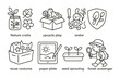 © Valentyna - Line style icons of sustainable kids activities: nature crafts, upcycle play, garden helper badge, toy repair tools, reuse costume bin, paperless drawing pad, seed sprouting tray, forest scavenger.