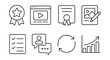 © Valentyna - Line style icons of freelancer skill growth: new skill badge, online course screen, certificate of completion, portfolio update icon, practice task sheet, mentorship chat bubble, feedback loop,