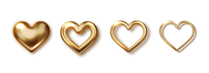 Poster - Shiny gold metal heart set. Realistic 3D romantic symbol with soft light and reflections PNG. Love icon for Valentine's, weddings, or greeting card vector design.
