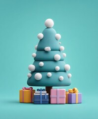 Wall Mural - close-up of a decorated christmas tree with wrapped gifts against a solid blue background.