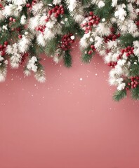 Sticker - Snow-covered branches with red berries and white snowflakes on a soft pink background.