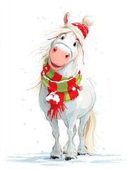 Wall Mural - Cartoon horse with Santa hat and scarf standing in snowy winter landscape.