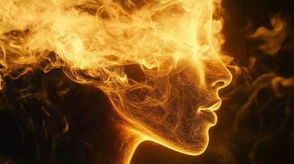 Poster - Abstract Golden Woman Face Profile in Smoke Artistic Digital Art Elegant Mysterious Glowing Mystical Energy Powerful Feminine Spiritual Light Surreal Design Modern Background      