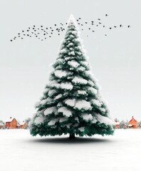 Wall Mural - Flock of birds flying over a snow-covered tree in a bright winter landscape during daytime.