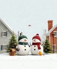 Sticker - Two white snowmen with carrot noses stand on fresh snow under a clear blue winter sky.