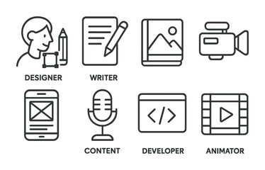 line style icons of creative freelancer roles: freelance designer icon, freelance writer badge, illu