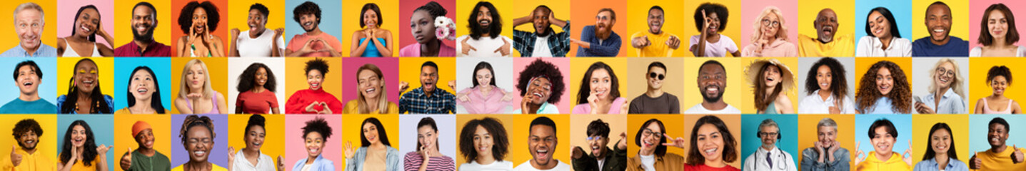 Poster - A vibrant collage of diverse faces representing various backgrounds, all smiling and celebrating life against colorful backdrops. Each individual exudes joy and warmth.