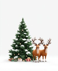 Naklejka na meble Two deer stand beside a decorated Christmas tree with wrapped presents in a festive indoor setting.