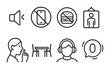 © Vitalii - Line style icons of quiet and study rules: silence symbol icon, mobile off badge, food not allowed tag, respect zone poster, whisper reminder sign, study-only table, focus headphones icon, zero noise
