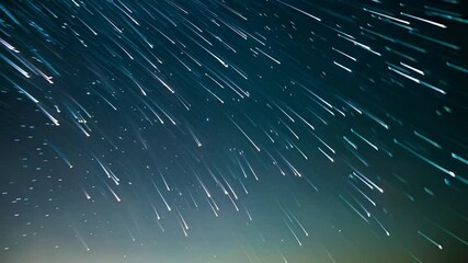 Wall Mural - Meteor shower streaks across the night sky with shooting stars trails over horizon in time lapse