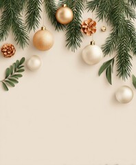 Wall Mural - Christmas tree branches decorated with ornaments and pine cones on a beige textured background.