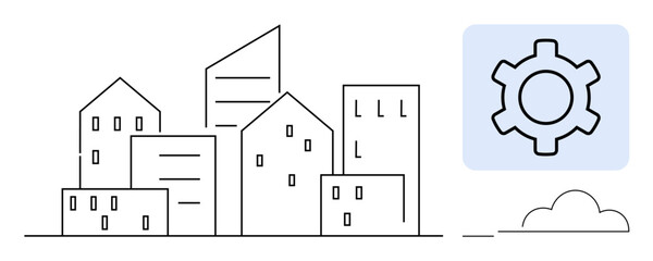 Outline of urban skyline with varied building shapes, gear element implying functionality or innovation, and minimal clouds. Ideal for technology, urban planning, innovation, system design, teamwork