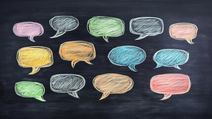Poster - Colorful Chalk Speech Bubbles on Blackboard Background Communication Concept Diverse Opinions Ideas Discussion Text Space Education Message Blackboard Texture Chalk Drawing Design 