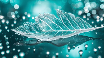 Poster - Delicate leaves adorned with water droplets shine against a sparkling turquoise background at dawn