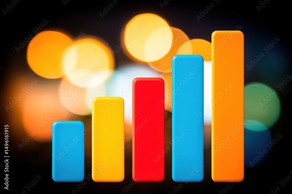 A bar graph displays data progression with bars in blue, red, yellow, and orange on a dark backdrop. Bokeh lights create a lively atmosphere, enhancing the visual impact of the growth representation.