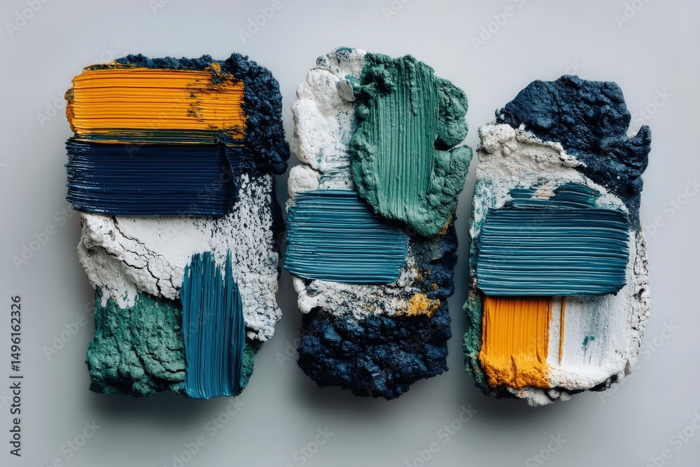 Bold strokes of paint in various colors are applied to textured surfaces, creating an abstract composition.