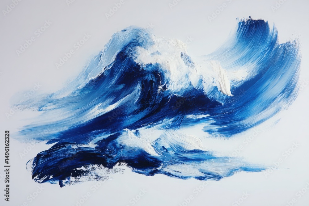 The artwork features energetic blue brush strokes illustrating powerful ocean waves. These strokes capture the movement and essence of water, creating a mesmerizing visual impression of the sea.