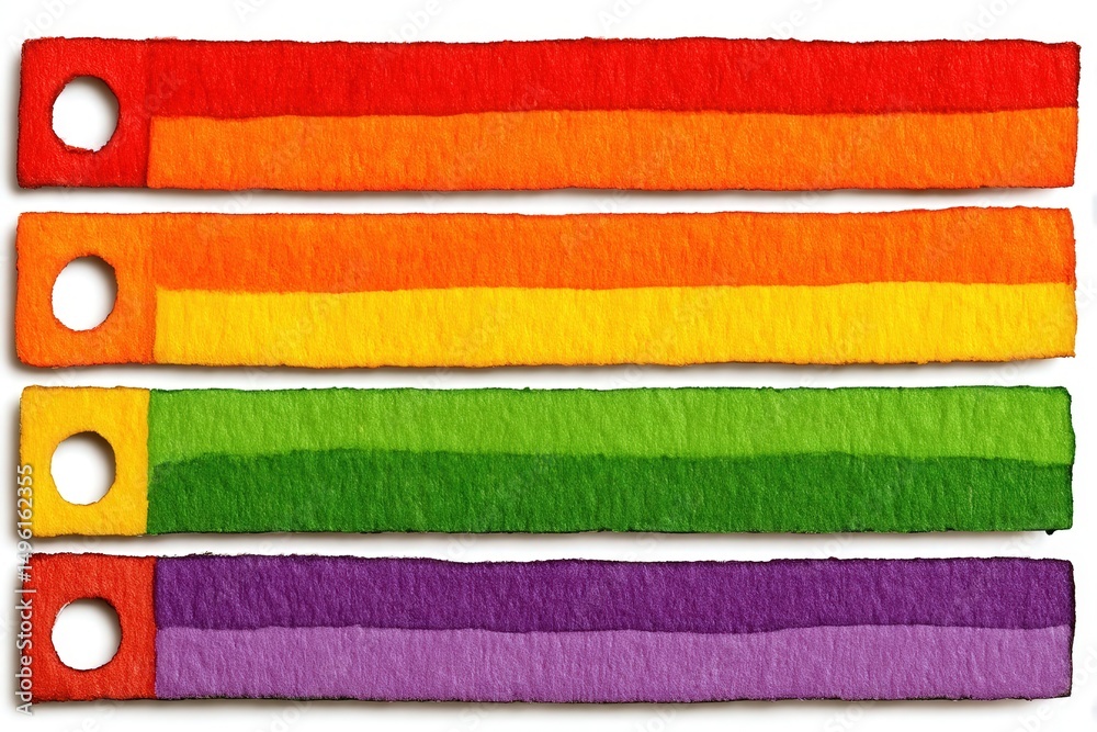 Four horizontal strips of textured paper display bright, rainbow colors. The colors transition smoothly from red to orange, yellow, green, and purple. Each strip has a circular hole at one end.