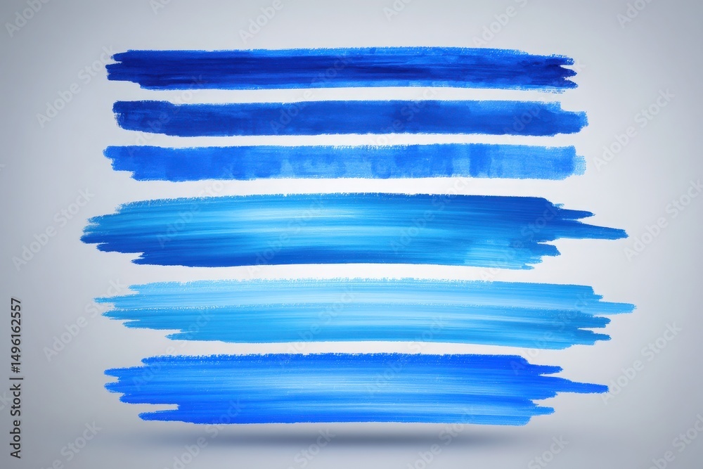 Various shades of blue paint are arranged in horizontal strokes on a light background, demonstrating artistic brushwork. The composition highlights texture and color flow, drawing the viewers eye.
