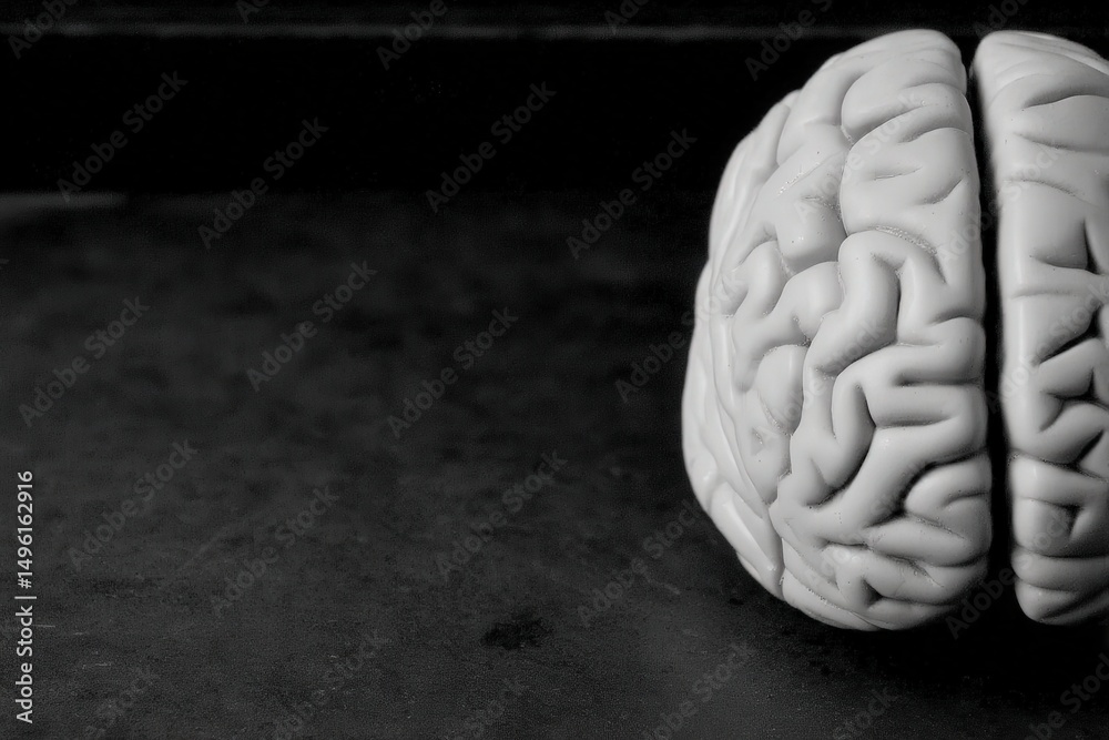 A realistic anatomical model of a human brain is displayed against a dark background, highlighting the complex folds and structures. The model emphasizes the brains detailed anatomy and design.