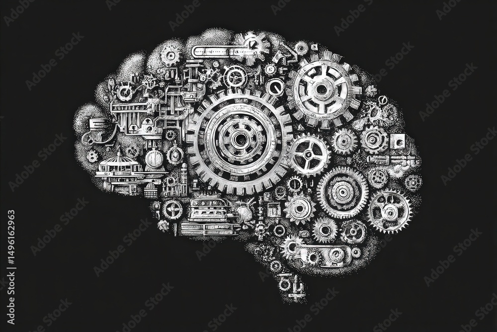 A detailed illustration presents a brain creatively formed from various gears and mechanical components. The design highlights the fusion of thought and engineering, set against a dark background.