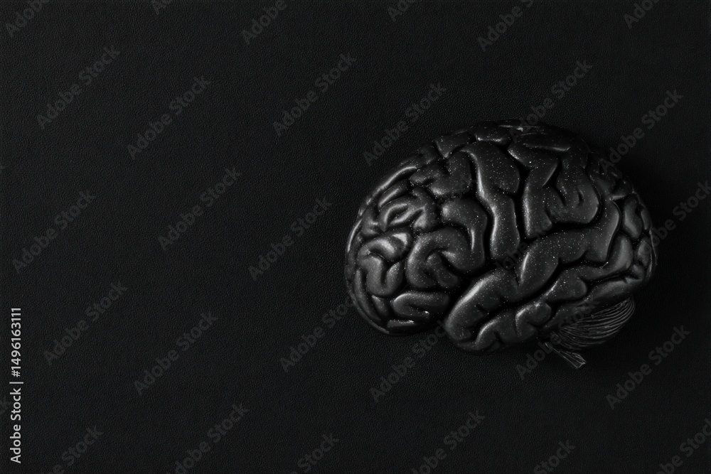A detailed representation of a brain model rests on a black surface, emphasizing its complex structure and anatomy.