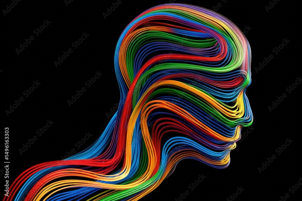 This artwork features a human head silhouette made up of vibrant, flowing lines in multiple colors. The intricate design showcases the dynamic movement of colors against a dark background.