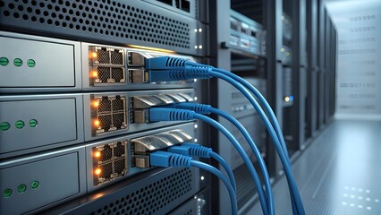 Close-up of server rack with blue fiber optic cables, ideal for data center tech visuals. Close-up of server rack with blue fiber optic cables connected, showcasing data center technology and network 