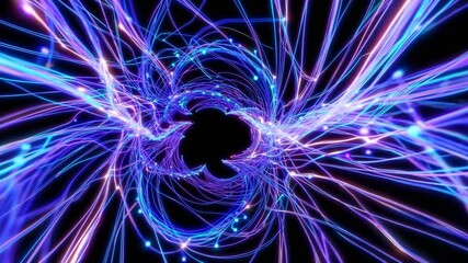 Poster - Bright blue and purple particles gracefully rotate around a central black hole, creating a mesmerizing cosmic vortex against a dark backdrop