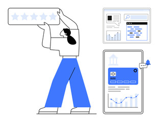 Poster - User lifts a five-star rating, accompanied by interactive data dashboards, analytics, and online tools. Ideal for customer feedback, user experience, reviews, digital tools, analytics online