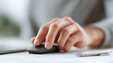 Poster - Focused detail of a hand using a computer mouse. Symbolizes technology, work, precision, and connection. Ideal for illustrating business, design, or online activity.