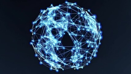 Poster - Glowing blue plexus sphere rotating and morphing. Revealing intricate network connections emerging and dissolving against dark digital backdrop. Representing technological communication and data flow