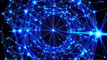 Poster - Rotating blue plexus sphere morphing with light rays, visualizing technological connections, data flow, and network communications in a futuristic digital landscape