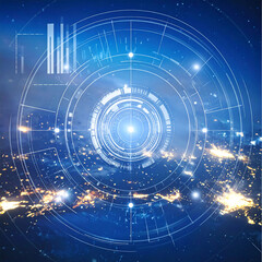 Poster - Abstract digital design with circles, lines, and bright blue colors overlaying a cityscape at night. Concept for technology, data, and innovation projects.