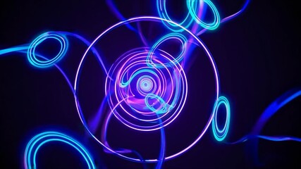 Poster - Neon circles and lines rotating, expanding, and intertwining, forming mesmerizing vortex of vibrant energy against dark cosmic background, creating futuristic visual dynamism