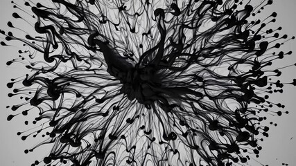 Poster - Black ink slowly dissolving and expanding in water, generating mesmerizing abstract shapes with organic fluid movement against pristine white background, creating dynamic visual composition