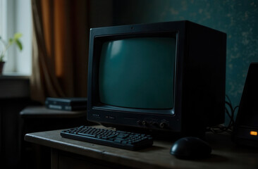 Poster - A retro computer sits on an aged wooden desk its old monitor glowing faintly in the dim light. Dust particles float in the air creating a nostalgic atmosphere in the cozy room.