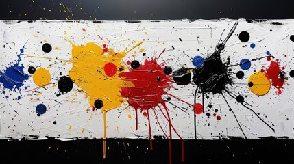 Poster - Dynamic splashes of yellow red blue and black collide on a stark white canvas showcasing an energetic blend of colors that evoke a sense of artistic freedom and joy.