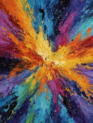 Poster - Vibrant Abstract Art Splash in Vivid Colors of Blue, Orange, Purple, Yellow, and White Representing Energy and Dynamic Movement in Mixed Media Style