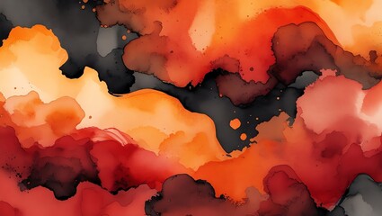 Wall Mural - abstract fiery sunset, ink painting, orange, red, black, fluid art