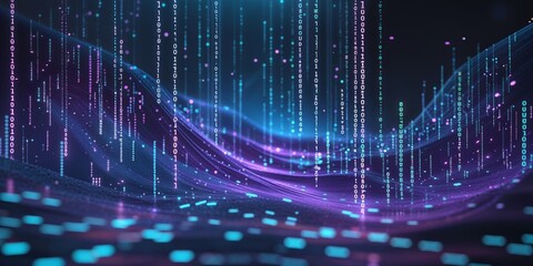 Aufkleber - Abstract digital landscape with flowing binary code and vibrant colors at night