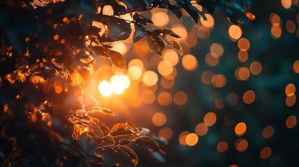 Poster - Warm Golden Sunset Light Through Autumn Leaves Bokeh Background Nature Photography October Fall Season Peaceful Tranquil Serene Orange Yellow Teal Colors Artistic Image tree view  