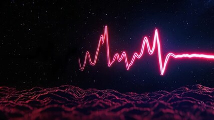 Poster - Vibrant Sound Waves Over Cosmic Landscape with Stars and Mountains in Abstract Visual Art Design