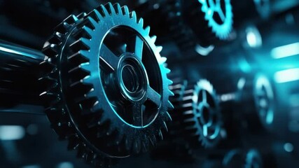 Poster - Close-up of Shiny Metal Gears in a Futuristic Industrial Setting with Blue Lighting Effects