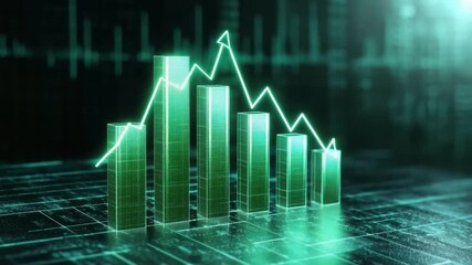 Poster - Abstract Data Visualization with Green 3D Graphs and Digital Background for Finance and Technology Concepts