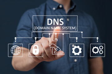 Poster - A person interacting with a dns domain name system interface on a digital screen display setup