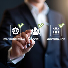 Poster - Man in suit pointing at environmental social governance icons with check marks on a dark background