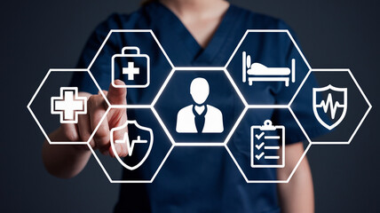 Poster - Healthcare professional interacting with medical icons on a digital interface display screen