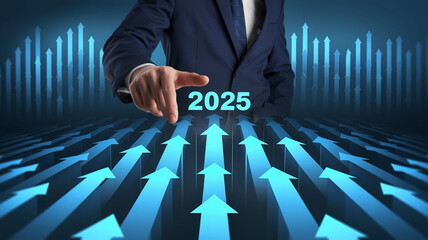 Poster - A businessman pointing at the year 2025 above upward pointing arrows on a blue background